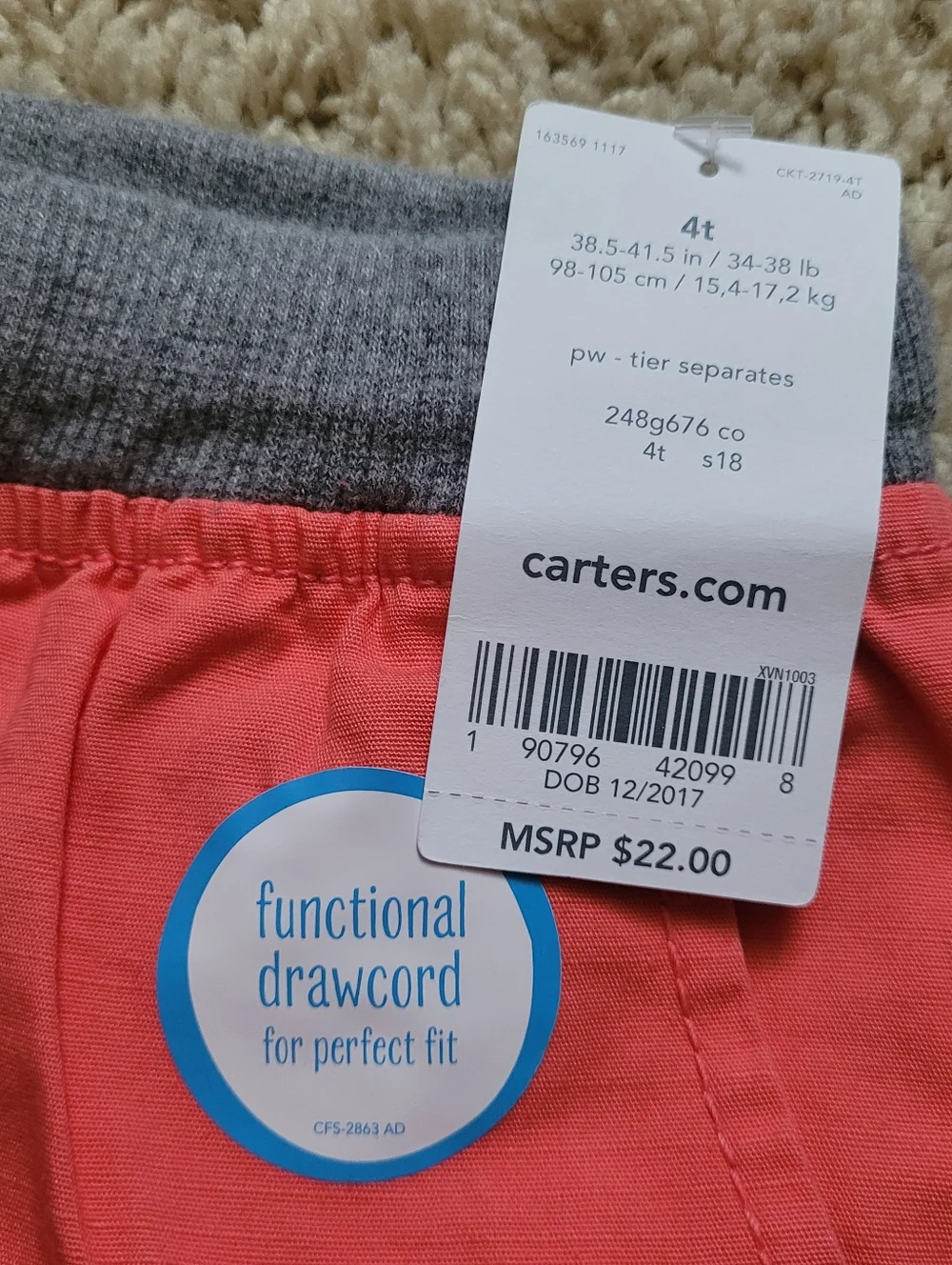 NWT Carter's Boys 4T Coral Pull On Drawstring Shorts Coral